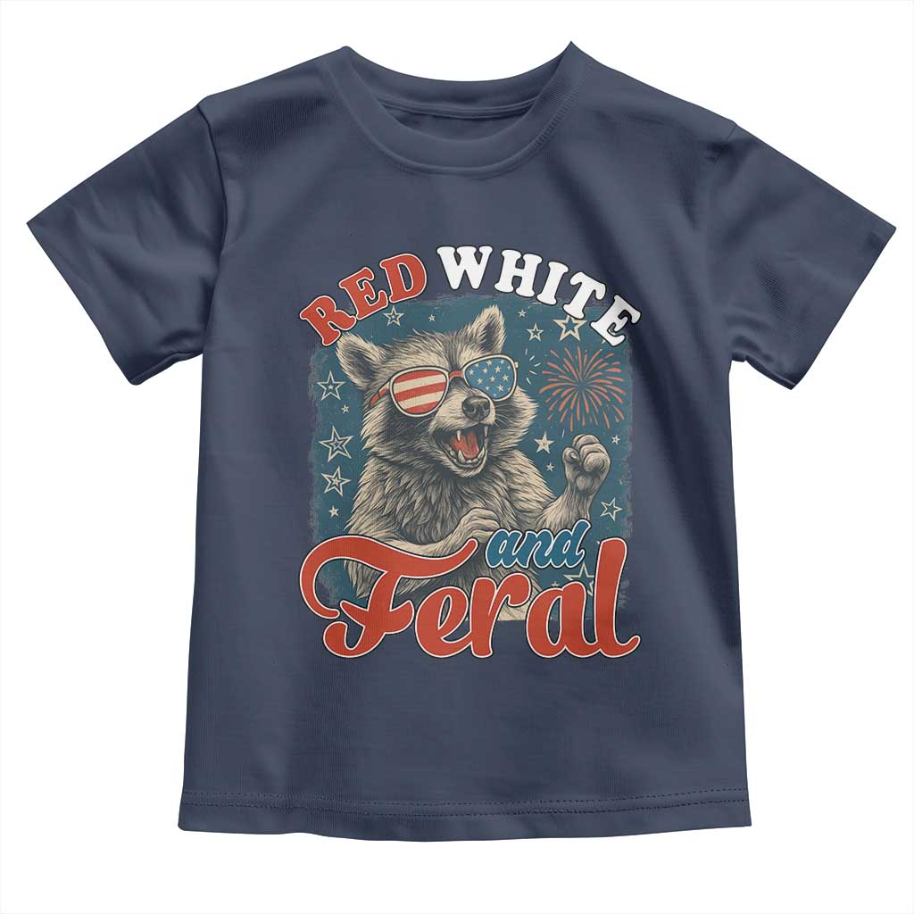 Red White and Feral Raccoon Toddler T Shirt Funny Patriotic Fireworks Wild 4th of July Vibes - Wonder Print Shop