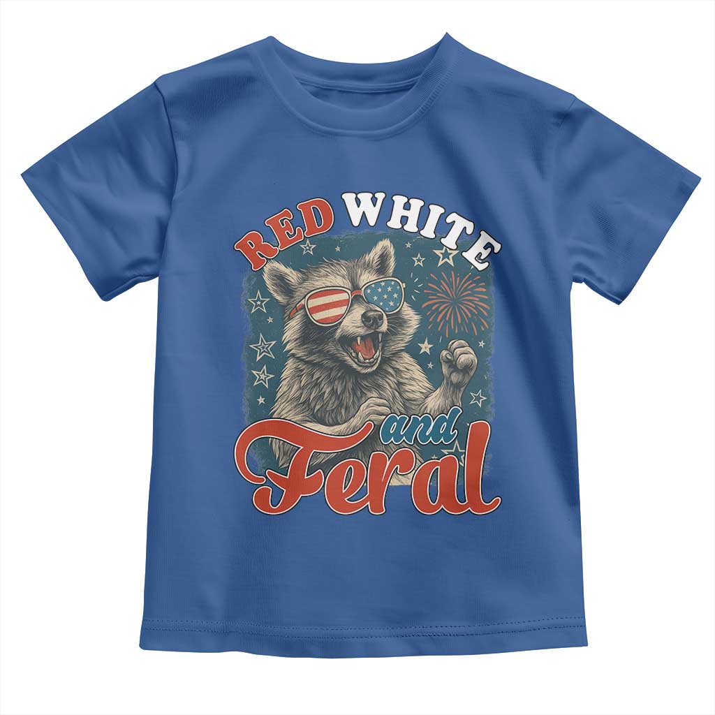Red White and Feral Raccoon Toddler T Shirt Funny Patriotic Fireworks Wild 4th of July Vibes - Wonder Print Shop