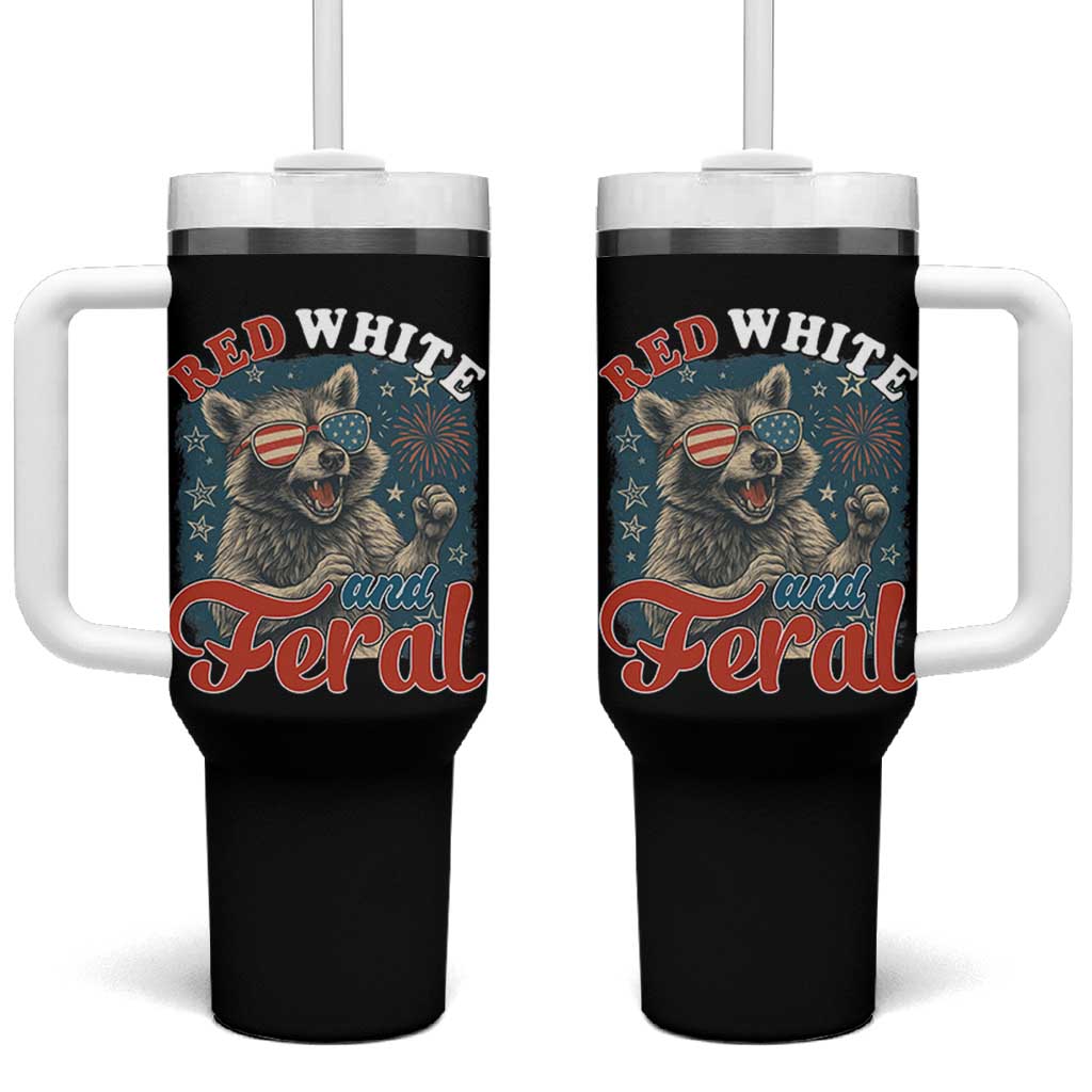 Red White and Feral Raccoon Tumbler With Handle Funny Patriotic Fireworks Wild 4th of July Vibes - Wonder Print Shop
