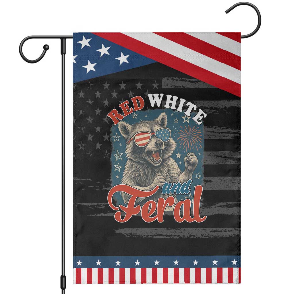 Red White and Feral Raccoon Garden Flag Funny Patriotic Fireworks Wild 4th of July Vibes