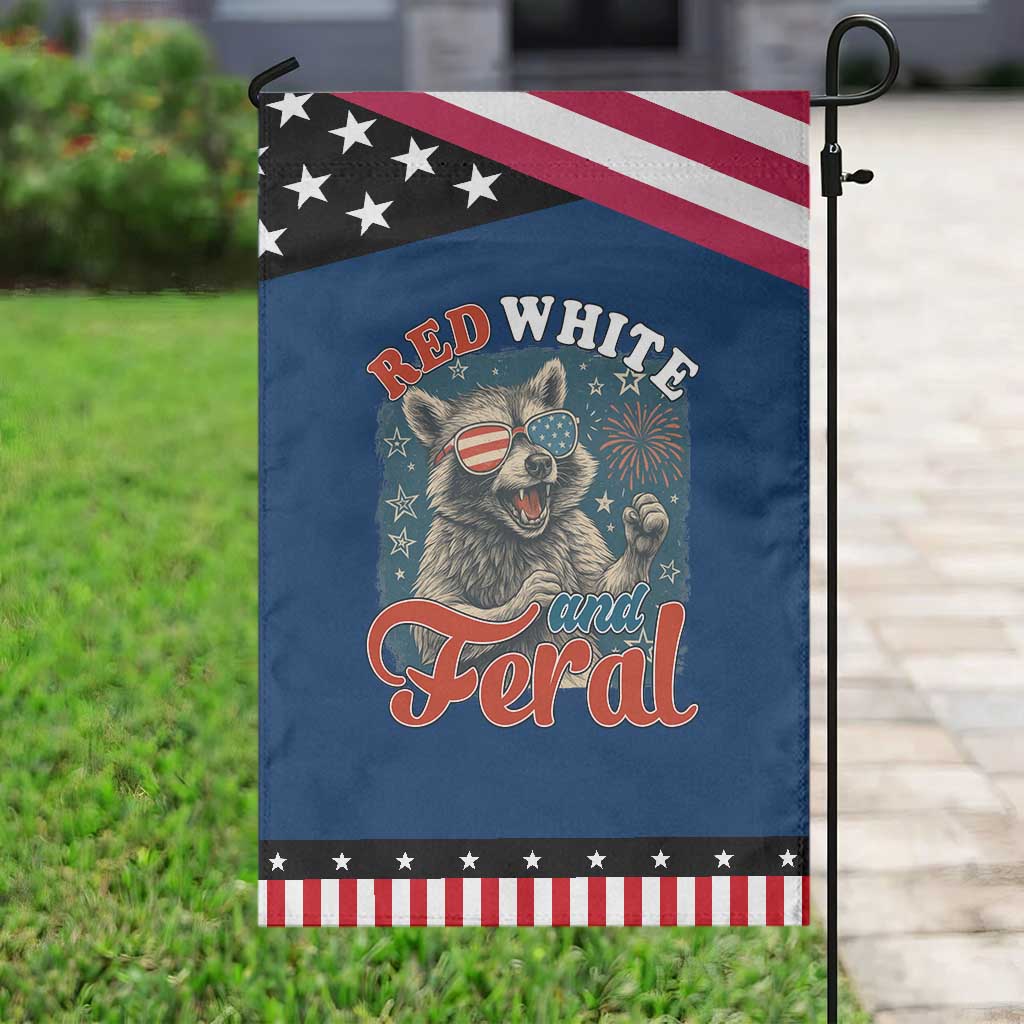 Red White and Feral Raccoon Garden Flag Funny Patriotic Fireworks Wild 4th of July Vibes