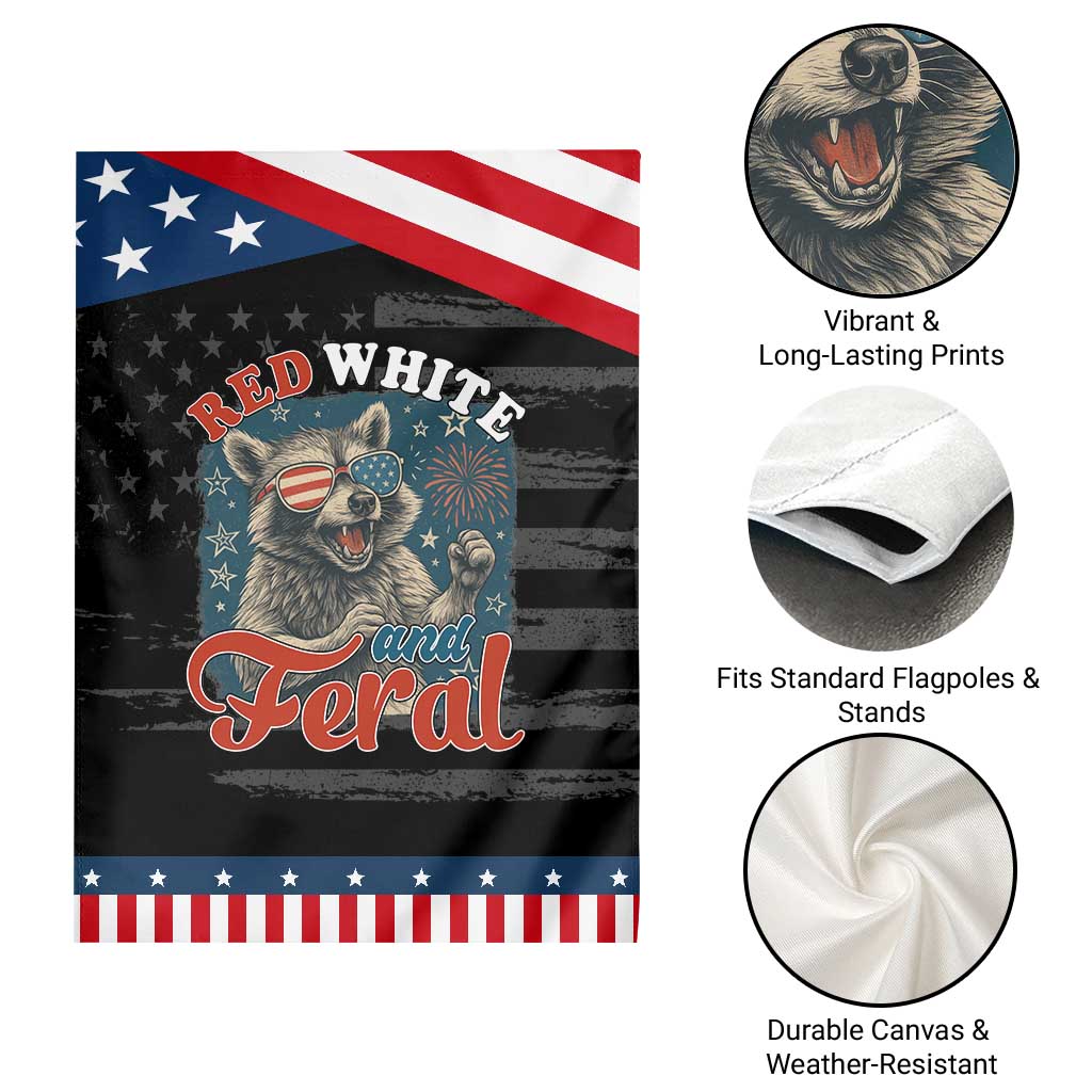 Red White and Feral Raccoon Garden Flag Funny Patriotic Fireworks Wild 4th of July Vibes