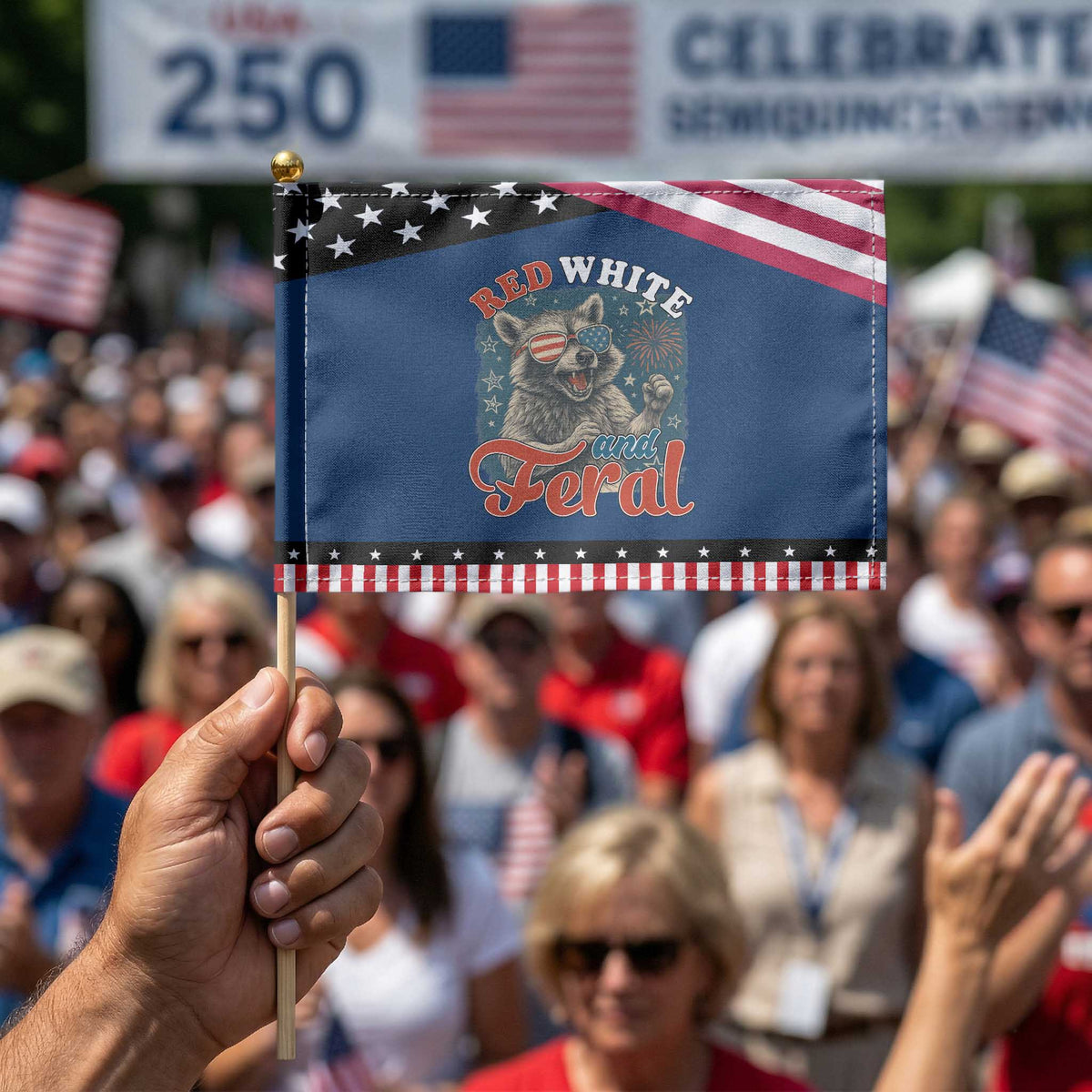 Red White and Feral Raccoon Patriotic Handheld Flag Funny Patriotic Fireworks Wild 4th of July Vibes