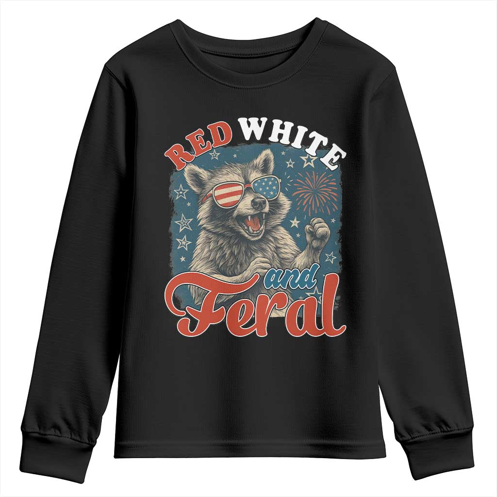 Red White and Feral Raccoon Youth Sweatshirt Funny Patriotic Fireworks Wild 4th of July Vibes - Wonder Print Shop