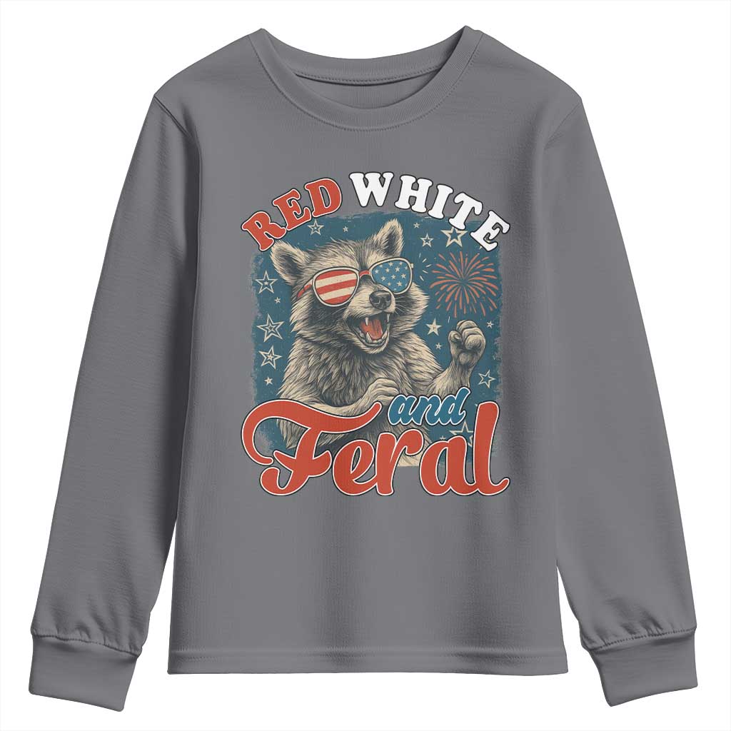 Red White and Feral Raccoon Youth Sweatshirt Funny Patriotic Fireworks Wild 4th of July Vibes - Wonder Print Shop