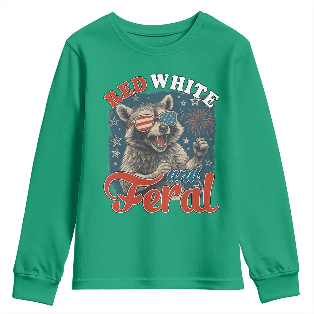Red White and Feral Raccoon Youth Sweatshirt Funny Patriotic Fireworks Wild 4th of July Vibes - Wonder Print Shop