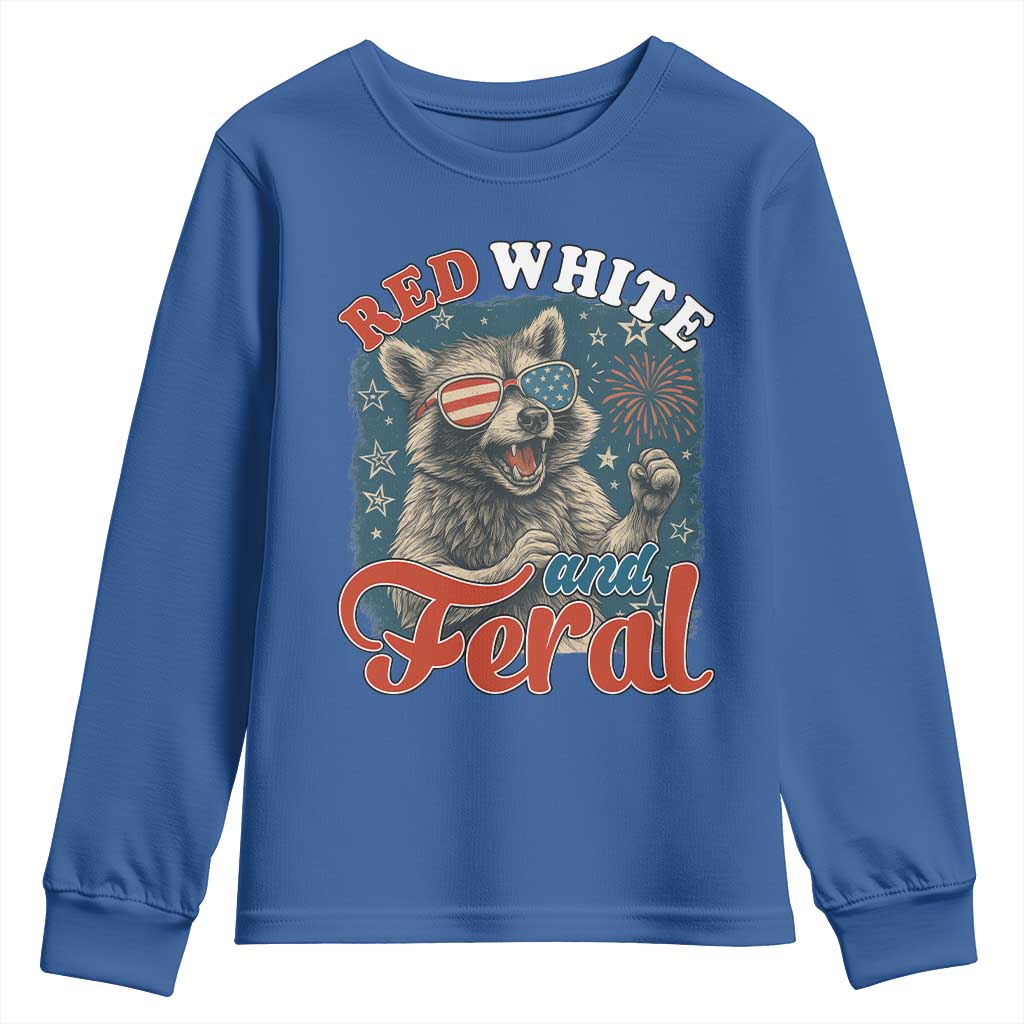 Red White and Feral Raccoon Youth Sweatshirt Funny Patriotic Fireworks Wild 4th of July Vibes - Wonder Print Shop