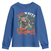 Red White and Feral Raccoon Youth Sweatshirt Funny Patriotic Fireworks Wild 4th of July Vibes - Wonder Print Shop