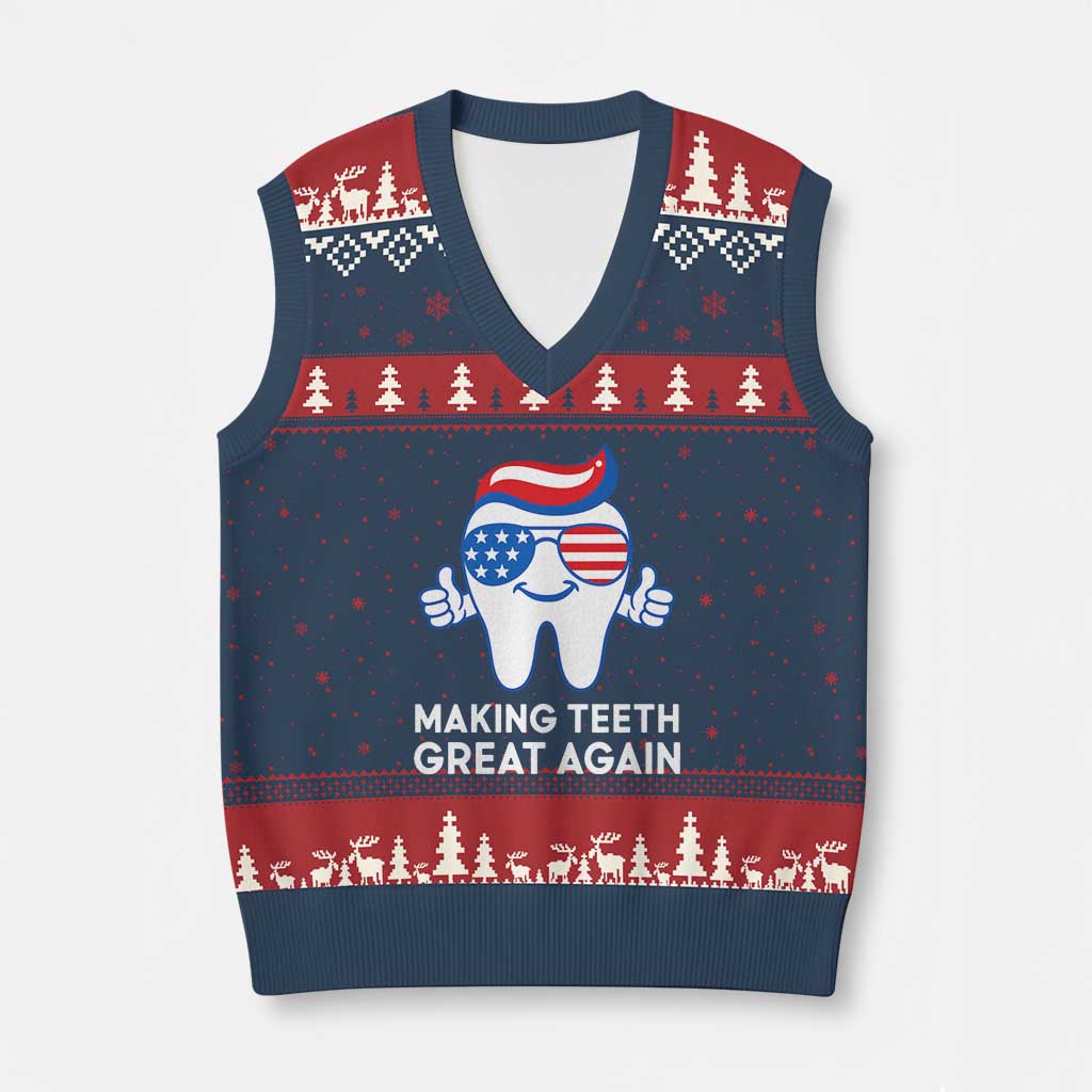 Funny Patriotic Dentist V-Neck Knit Sweater Vest Making Teeth Great Again America Oral Health Toothpaste Hair - Wonder Print Shop
