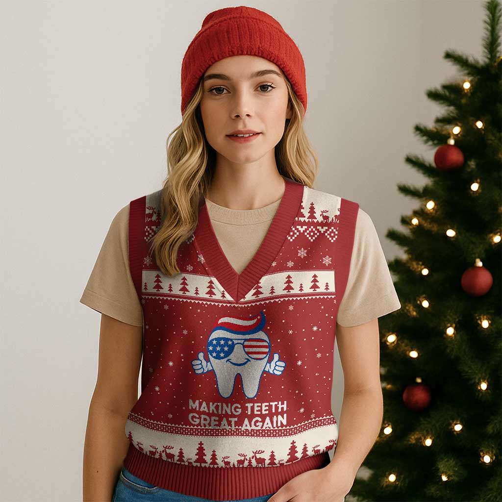 Funny Patriotic Dentist V-Neck Knit Sweater Vest Making Teeth Great Again America Oral Health Toothpaste Hair - Wonder Print Shop