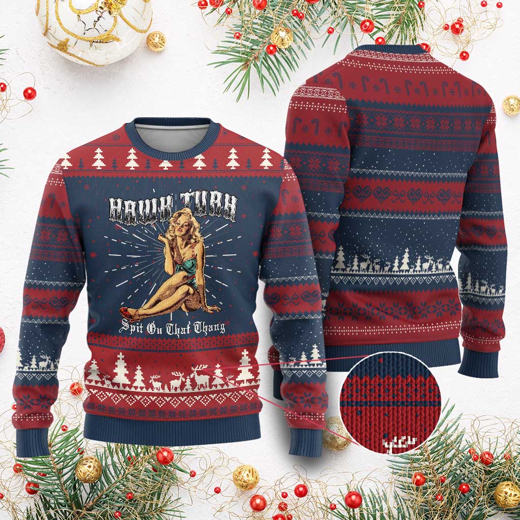 Funny Pin-Up Girl Ugly Christmas Sweater Hawk Tuah Spit On That Thang - Wonder Print Shop