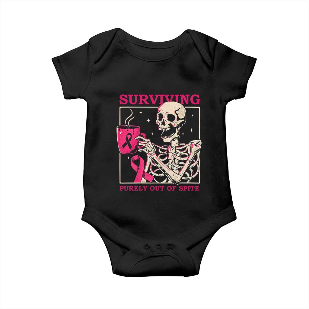 Funny Breast Cancer Skeleton Drinking Coffee Baby Onesie Surviving Purely Out Of Spite Pink Ribbon Warrior