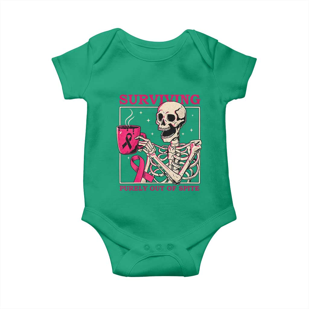Funny Breast Cancer Skeleton Drinking Coffee Baby Onesie Surviving Purely Out Of Spite Pink Ribbon Warrior