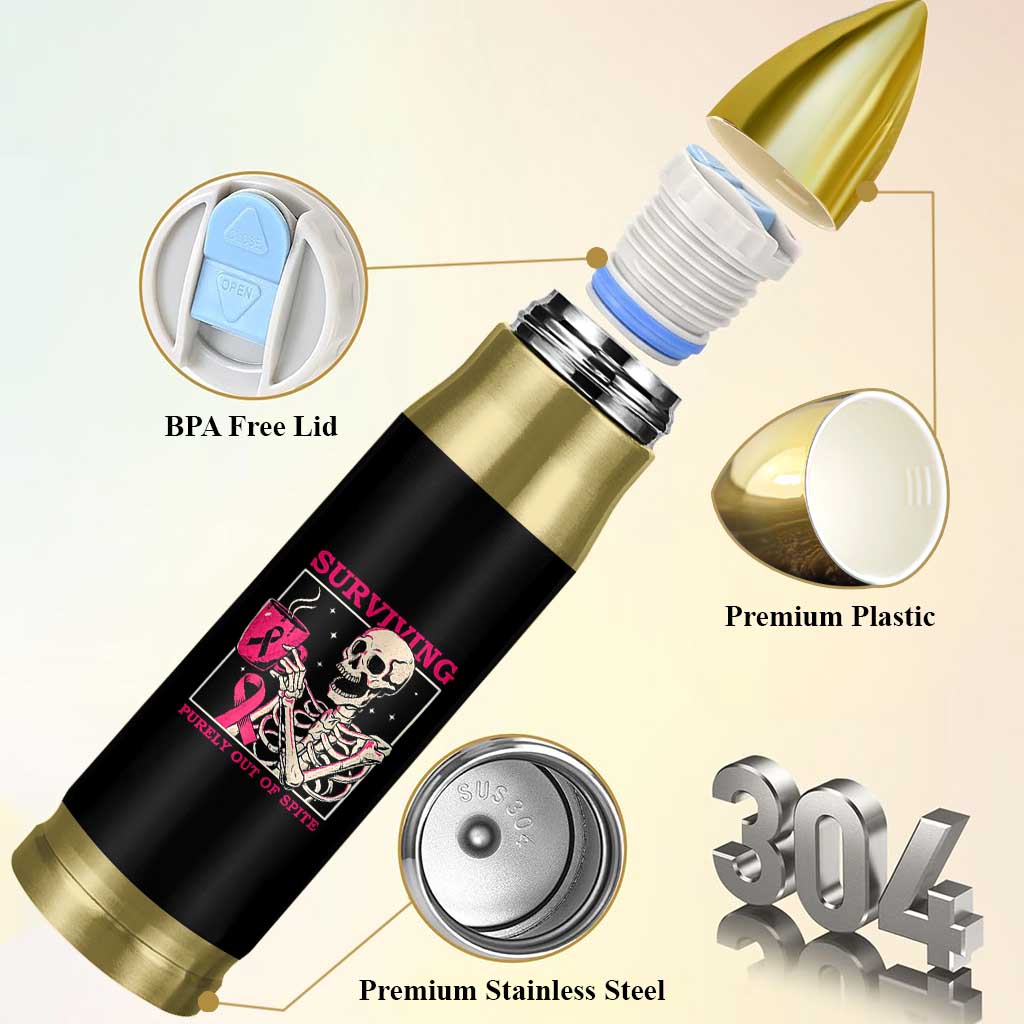 Funny Breast Cancer Skeleton Drinking Coffee Bullet Tumbler Surviving Purely Out Of Spite Pink Ribbon Warrior