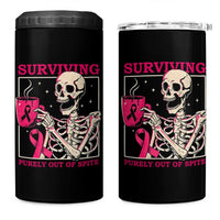 Funny Breast Cancer Skeleton Drinking Coffee 4 in 1 Can Cooler Tumbler Surviving Purely Out Of Spite Pink Ribbon Warrior