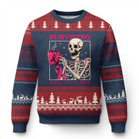 Funny Breast Cancer Skeleton Drinking Coffee Ugly Christmas Sweater Surviving Purely Out Of Spite Pink Ribbon Warrior