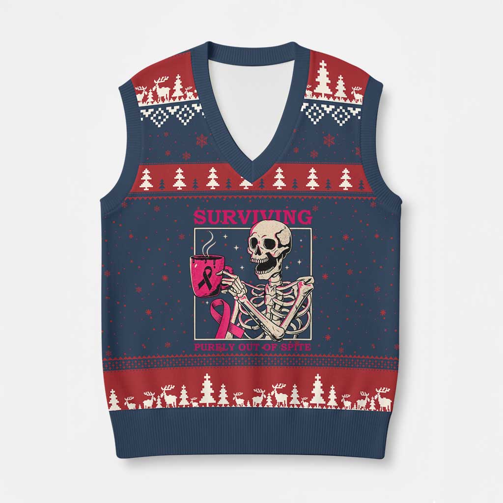 Funny Breast Cancer Skeleton Drinking Coffee V-Neck Knit Sweater Vest Surviving Purely Out Of Spite Pink Ribbon Warrior