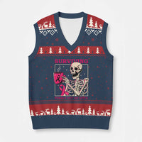 Funny Breast Cancer Skeleton Drinking Coffee V-Neck Knit Sweater Vest Surviving Purely Out Of Spite Pink Ribbon Warrior