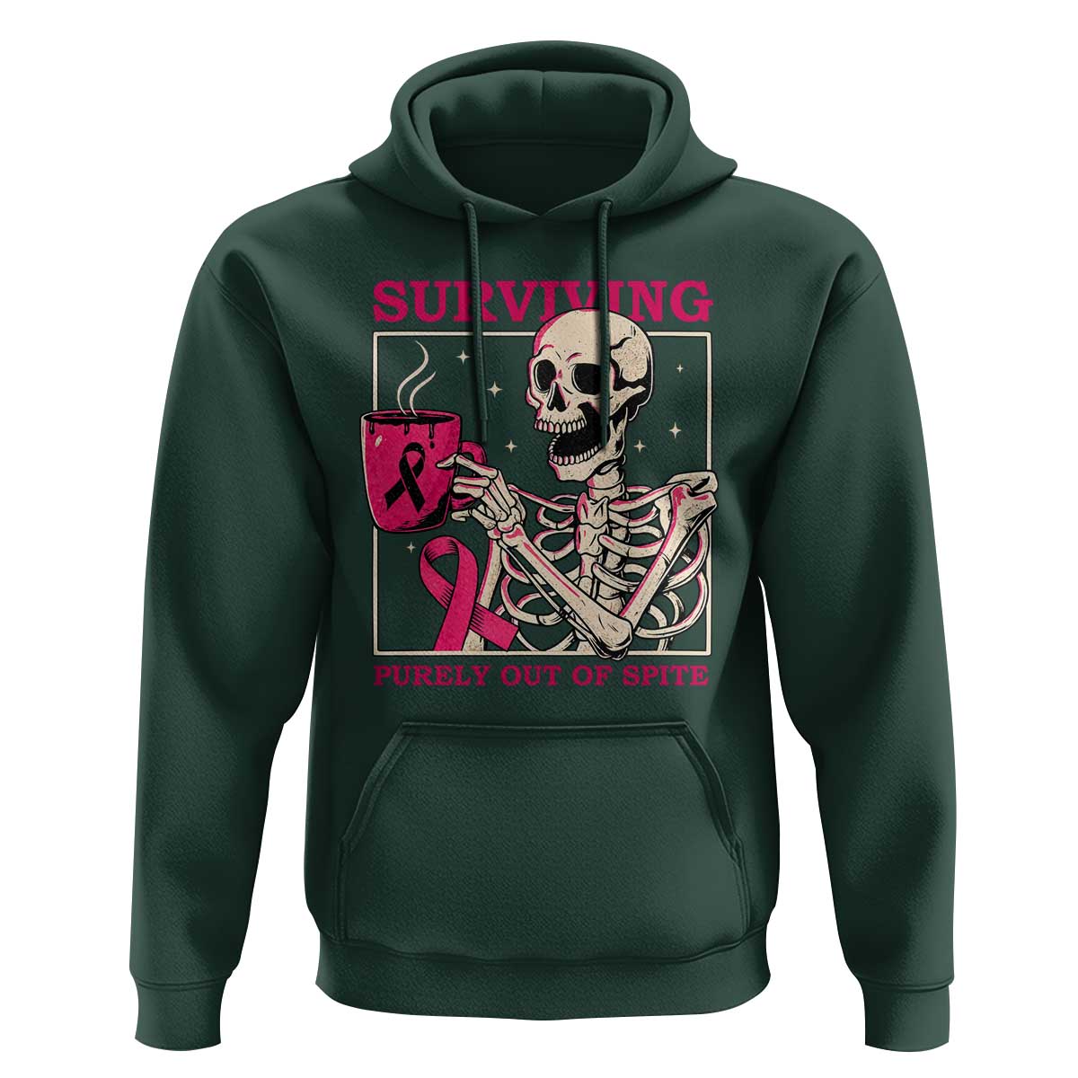 Funny Breast Cancer Skeleton Drinking Coffee Hoodie Surviving Purely Out Of Spite Pink Ribbon Warrior