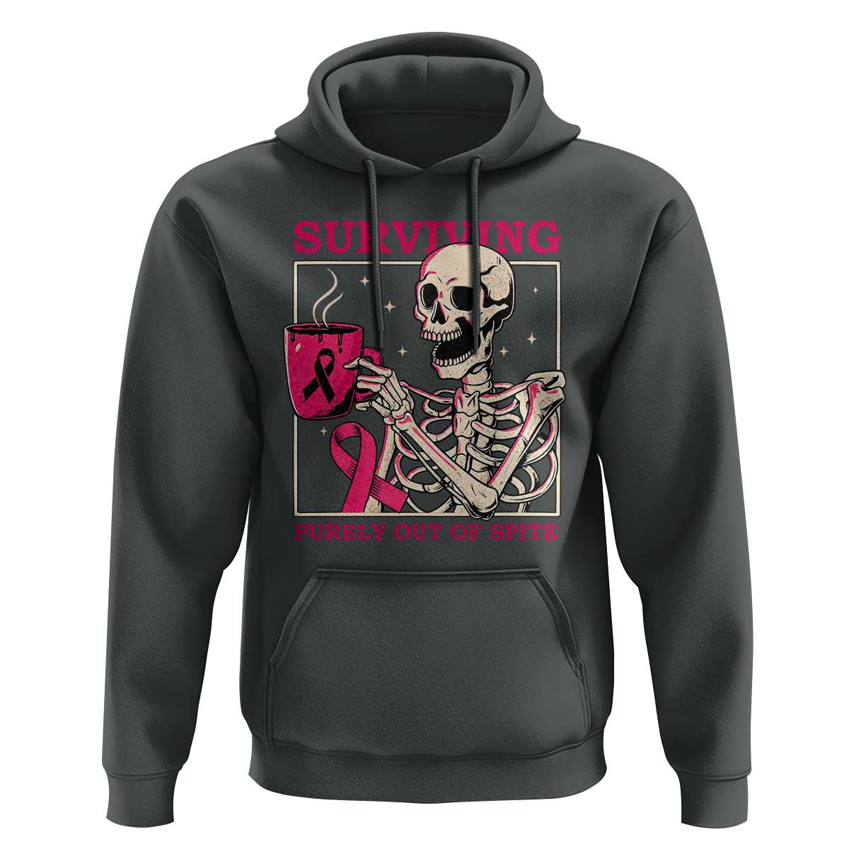Funny Breast Cancer Skeleton Drinking Coffee Hoodie Surviving Purely Out Of Spite Pink Ribbon Warrior