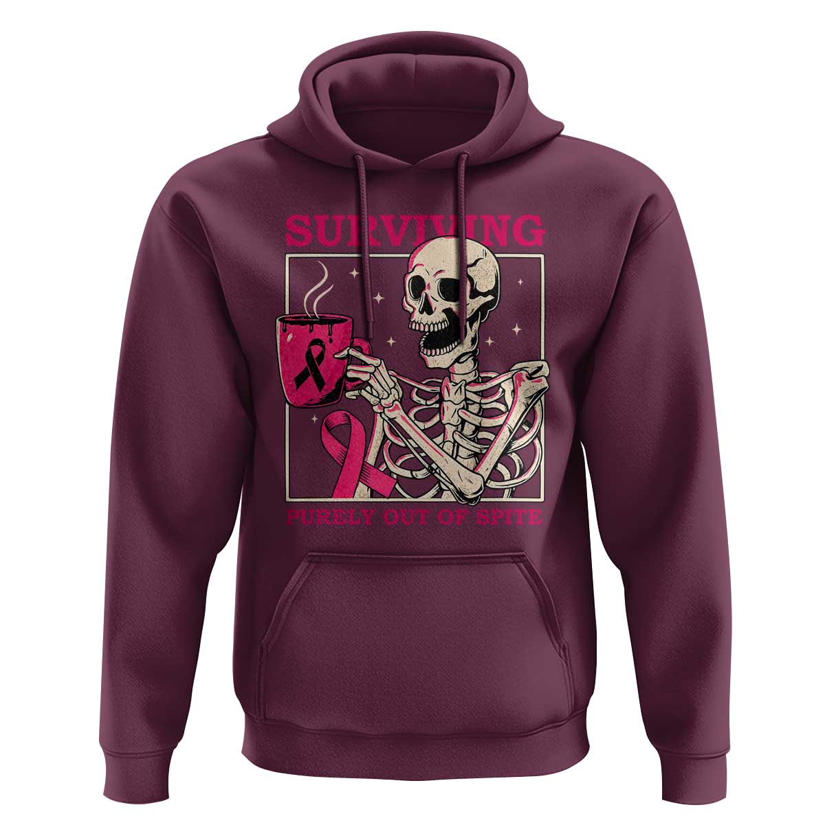 Funny Breast Cancer Skeleton Drinking Coffee Hoodie Surviving Purely Out Of Spite Pink Ribbon Warrior