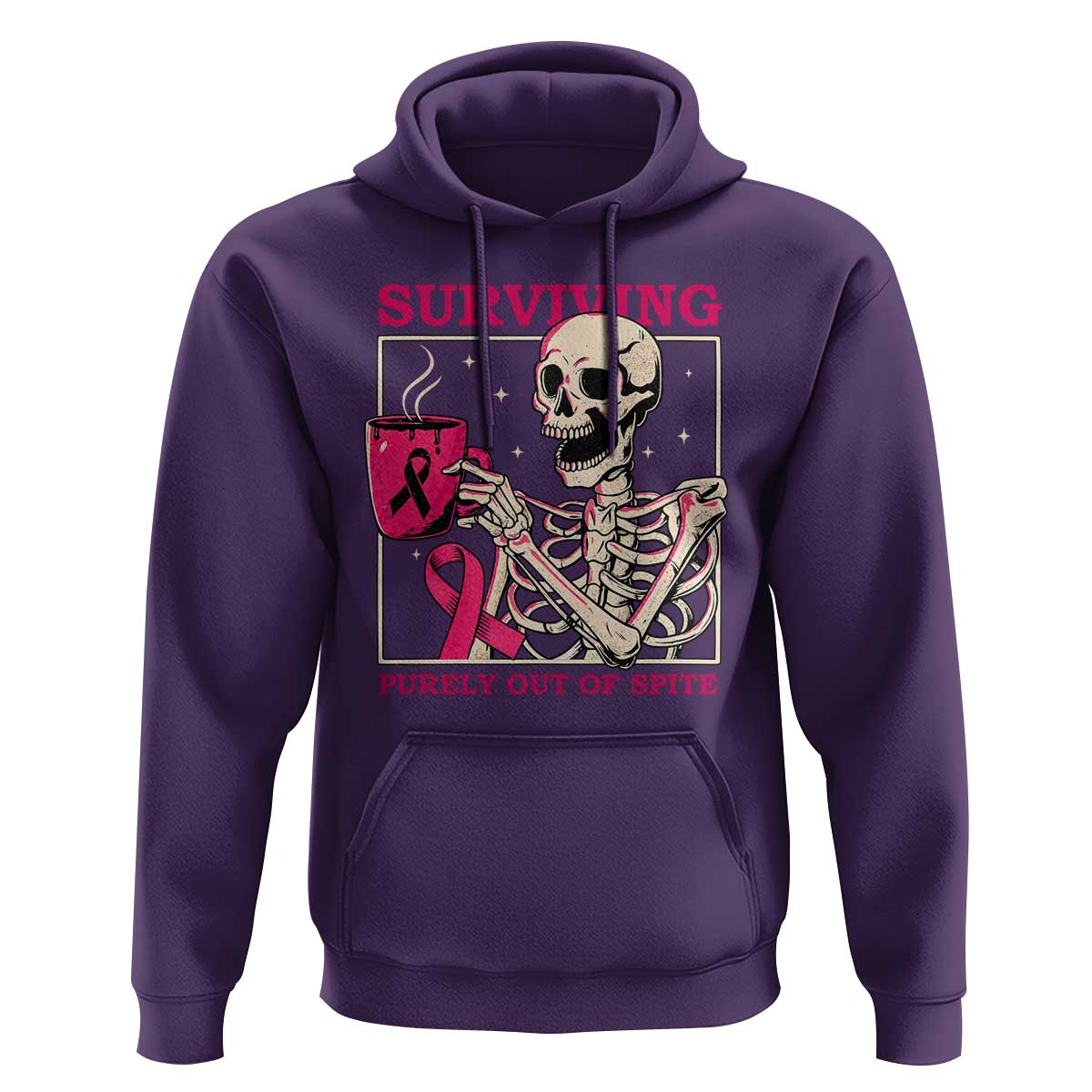 Funny Breast Cancer Skeleton Drinking Coffee Hoodie Surviving Purely Out Of Spite Pink Ribbon Warrior