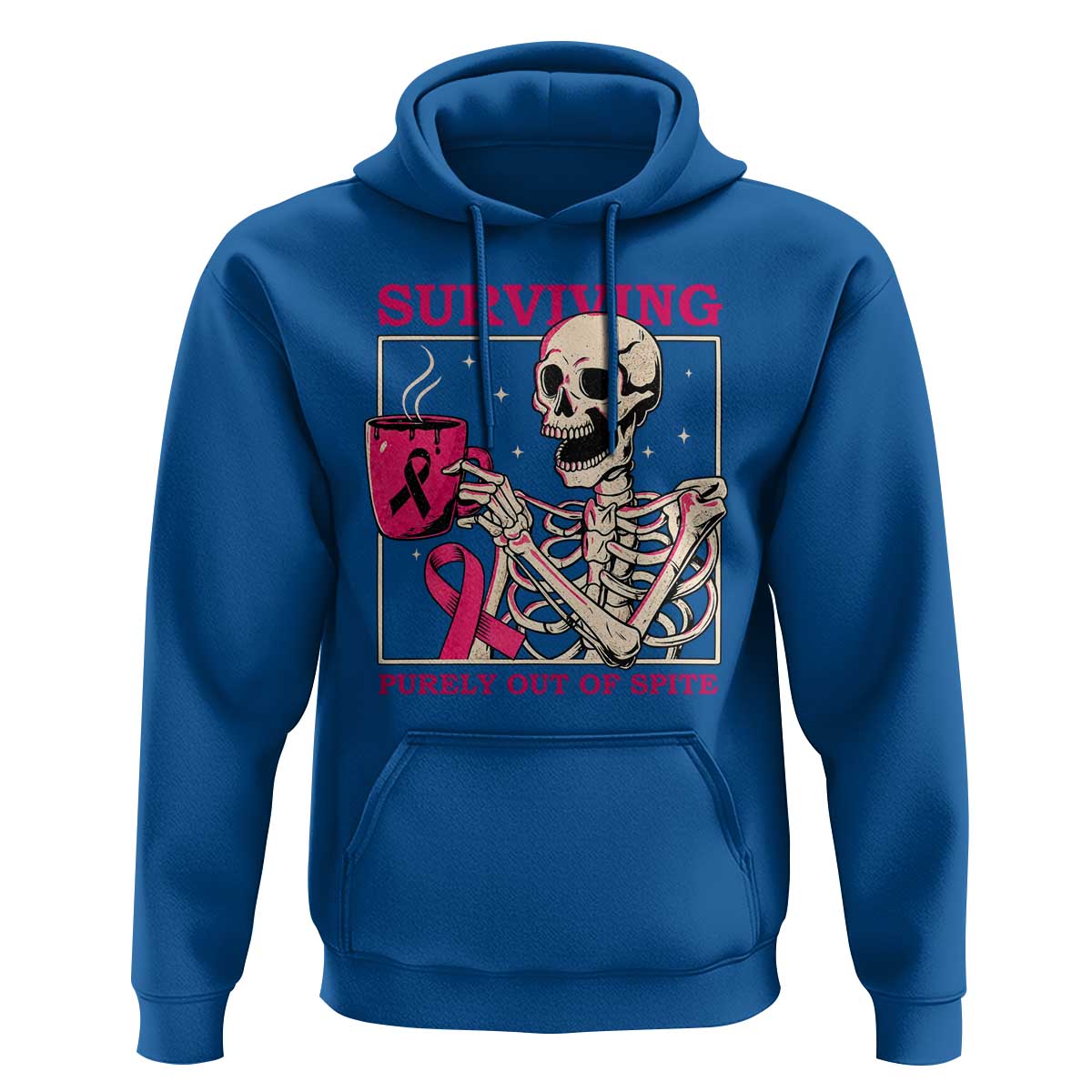 Funny Breast Cancer Skeleton Drinking Coffee Hoodie Surviving Purely Out Of Spite Pink Ribbon Warrior