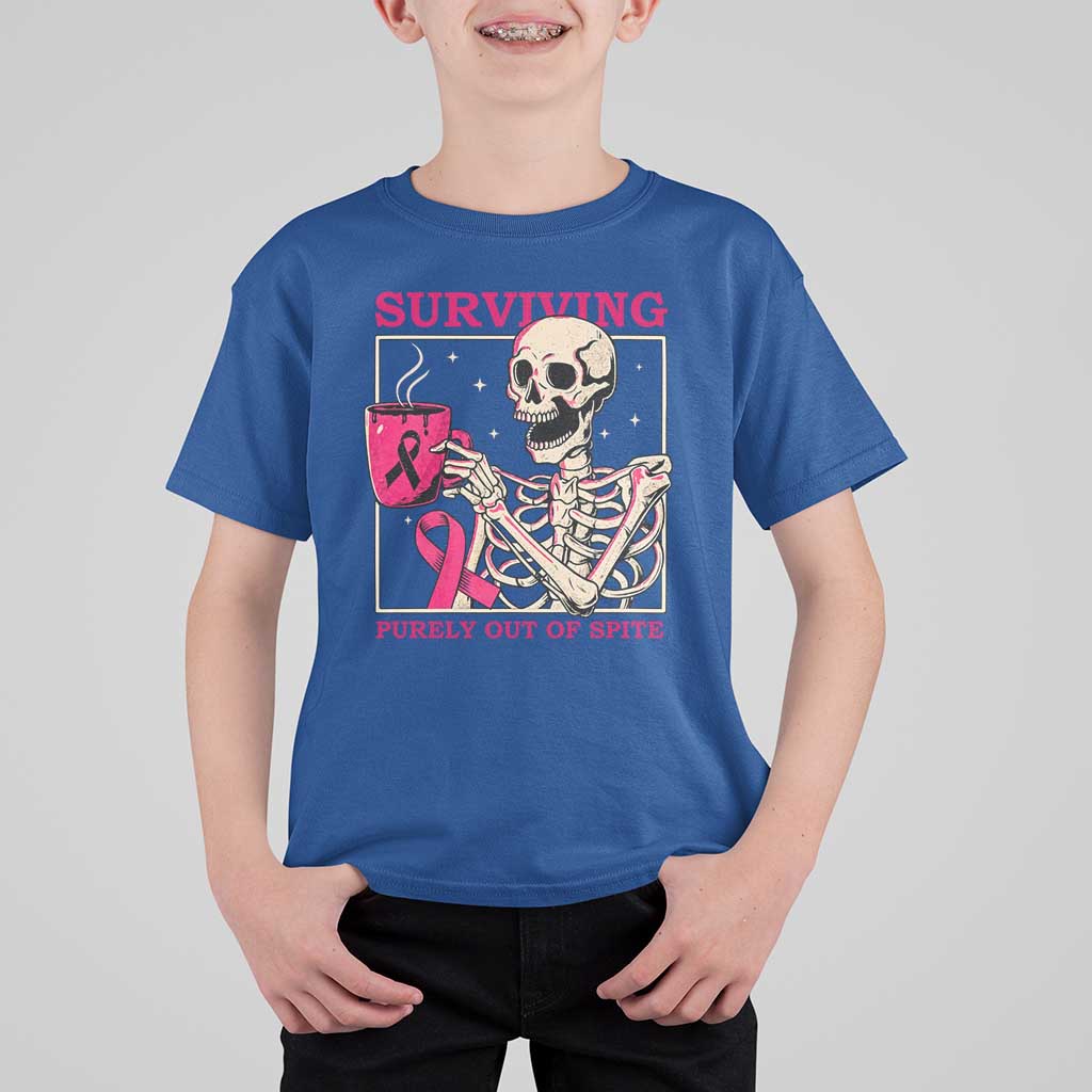 Funny Breast Cancer Skeleton Drinking Coffee T Shirt For Kid Surviving Purely Out Of Spite Pink Ribbon Warrior
