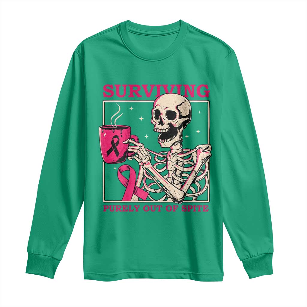 Funny Breast Cancer Skeleton Drinking Coffee Long Sleeve Shirt Surviving Purely Out Of Spite Pink Ribbon Warrior
