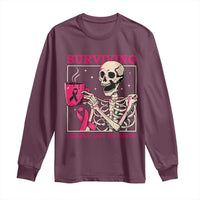 Funny Breast Cancer Skeleton Drinking Coffee Long Sleeve Shirt Surviving Purely Out Of Spite Pink Ribbon Warrior