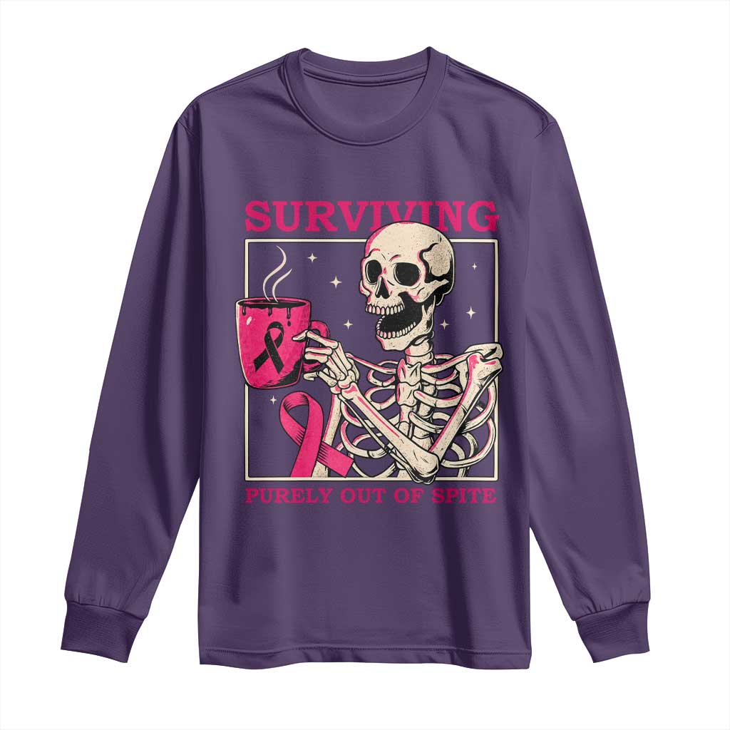 Funny Breast Cancer Skeleton Drinking Coffee Long Sleeve Shirt Surviving Purely Out Of Spite Pink Ribbon Warrior