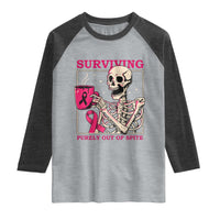 Funny Breast Cancer Skeleton Drinking Coffee Raglan Shirt Surviving Purely Out Of Spite Pink Ribbon Warrior