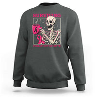 Funny Breast Cancer Skeleton Drinking Coffee Sweatshirt Surviving Purely Out Of Spite Pink Ribbon Warrior