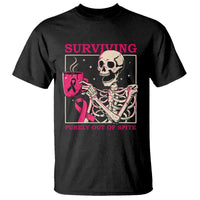 Funny Breast Cancer Skeleton Drinking Coffee T Shirt Surviving Purely Out Of Spite Pink Ribbon Warrior