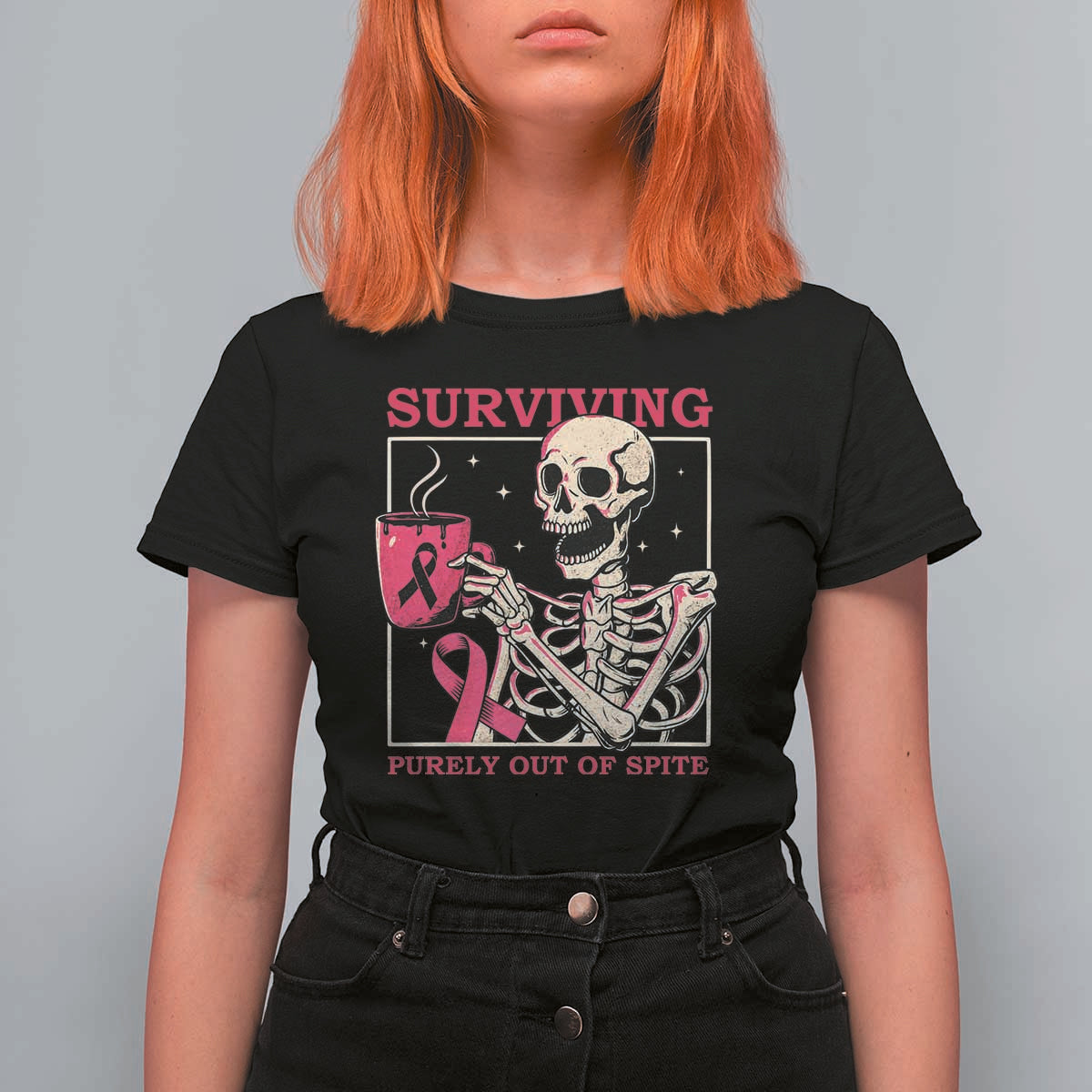 Funny Breast Cancer Skeleton Drinking Coffee T Shirt For Women Surviving Purely Out Of Spite Pink Ribbon Warrior