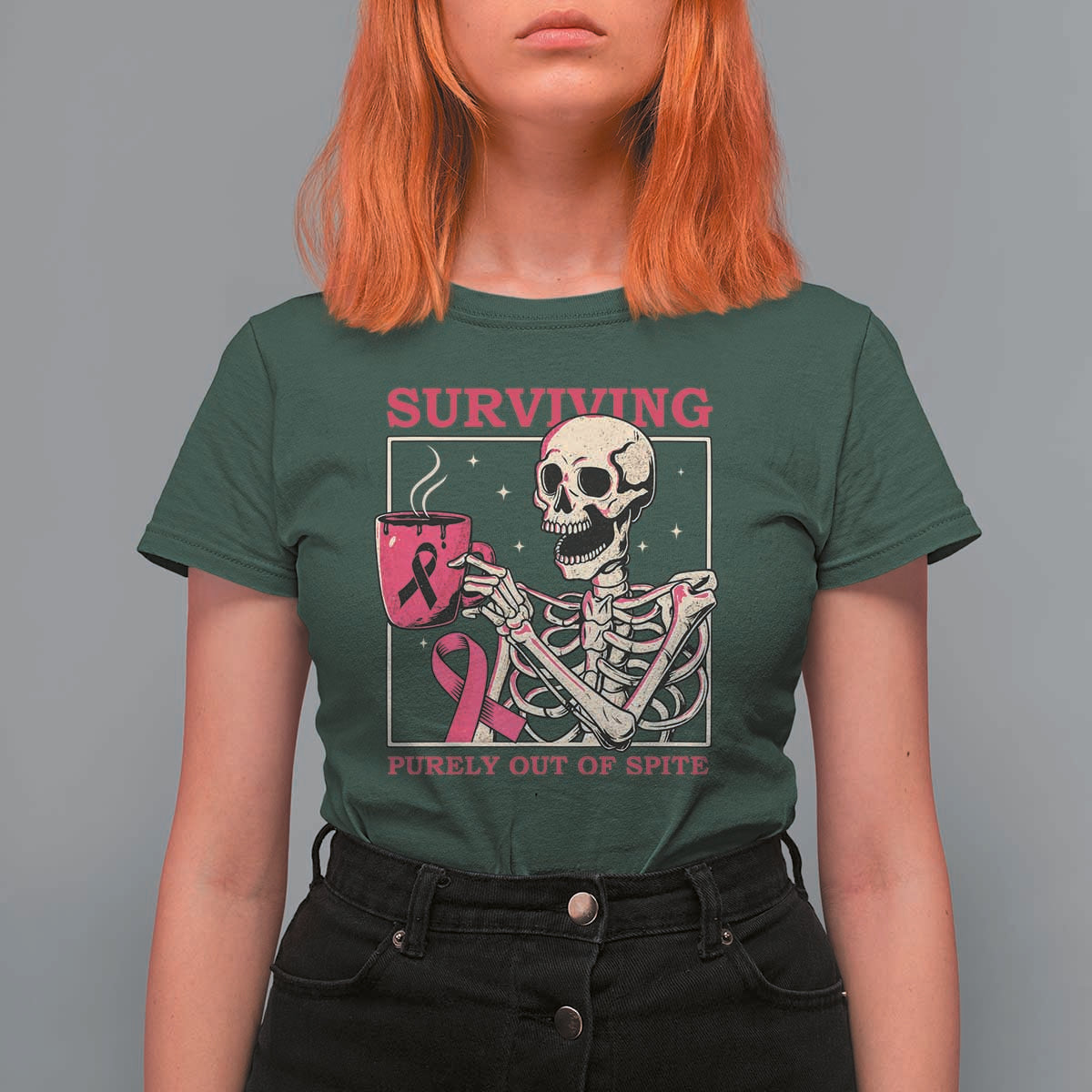 Funny Breast Cancer Skeleton Drinking Coffee T Shirt For Women Surviving Purely Out Of Spite Pink Ribbon Warrior