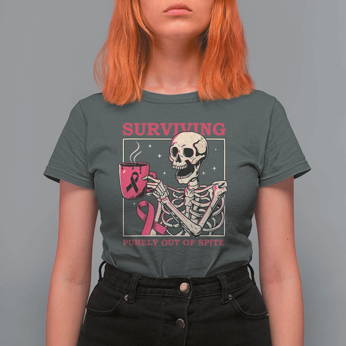 Funny Breast Cancer Skeleton Drinking Coffee T Shirt For Women Surviving Purely Out Of Spite Pink Ribbon Warrior