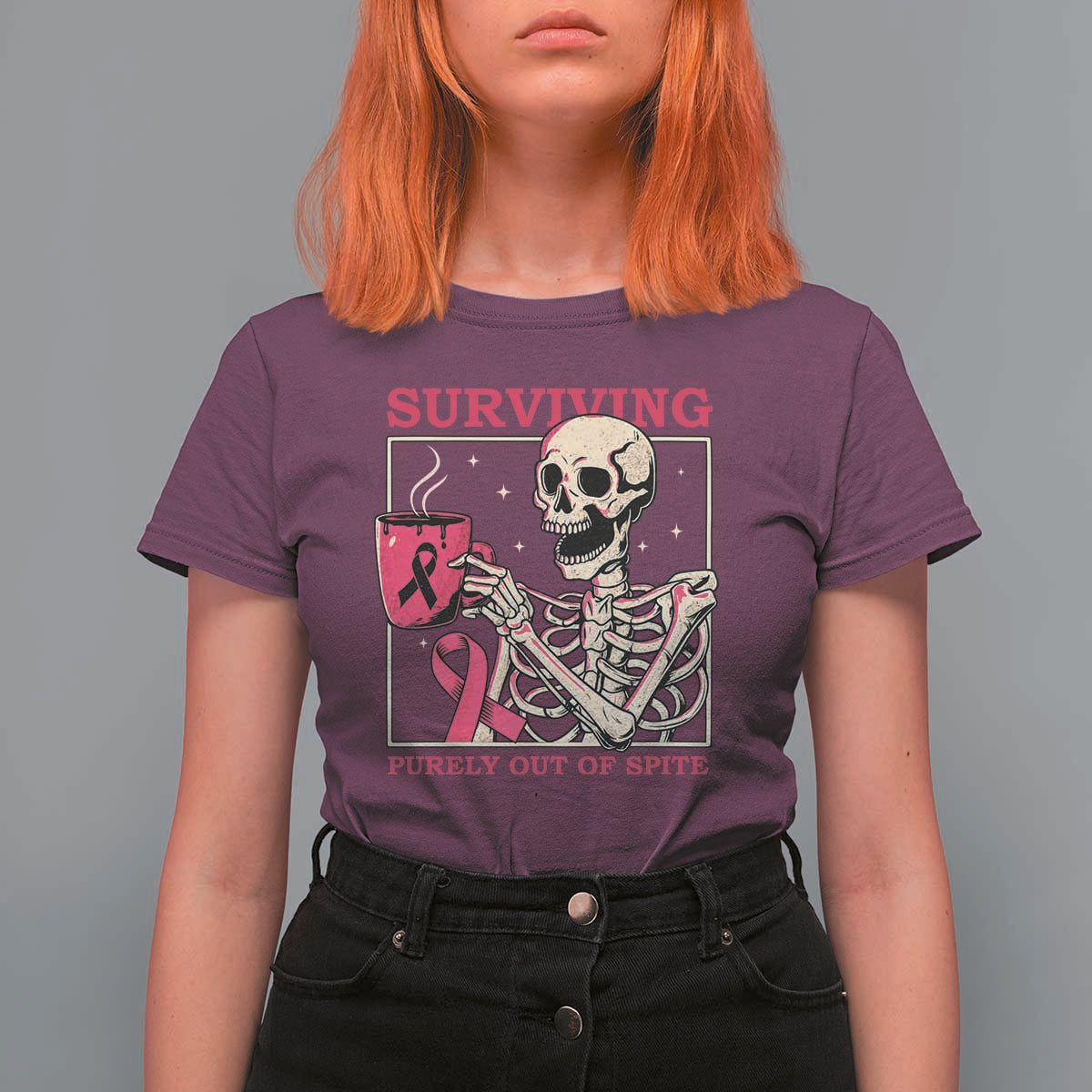 Funny Breast Cancer Skeleton Drinking Coffee T Shirt For Women Surviving Purely Out Of Spite Pink Ribbon Warrior