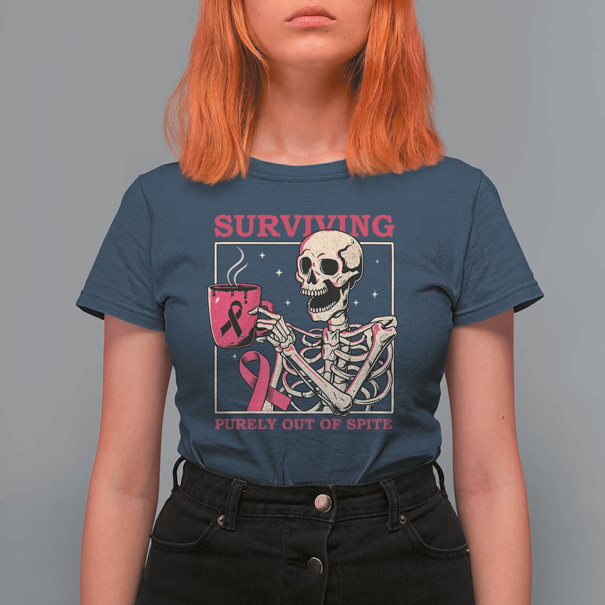 Funny Breast Cancer Skeleton Drinking Coffee T Shirt For Women Surviving Purely Out Of Spite Pink Ribbon Warrior