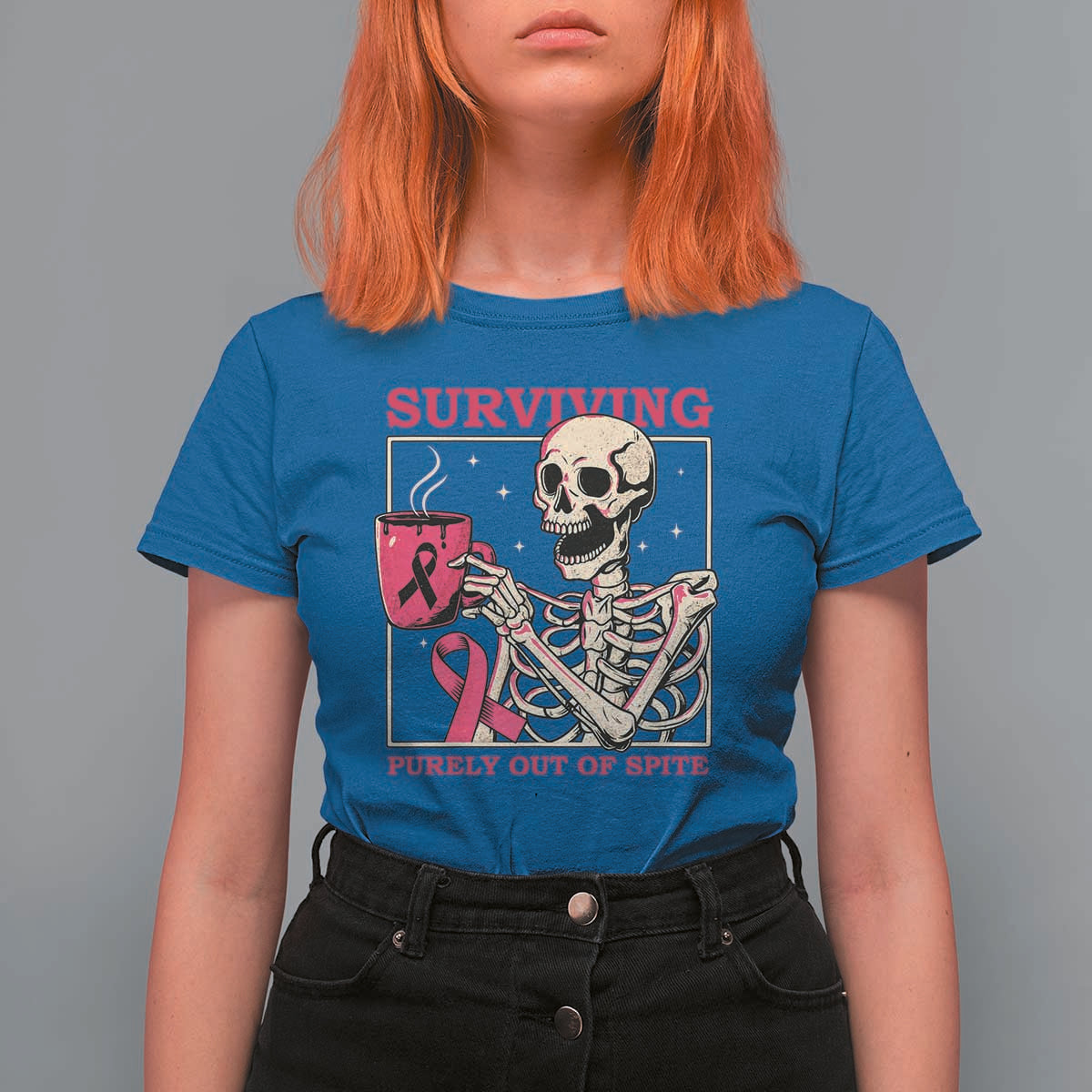 Funny Breast Cancer Skeleton Drinking Coffee T Shirt For Women Surviving Purely Out Of Spite Pink Ribbon Warrior