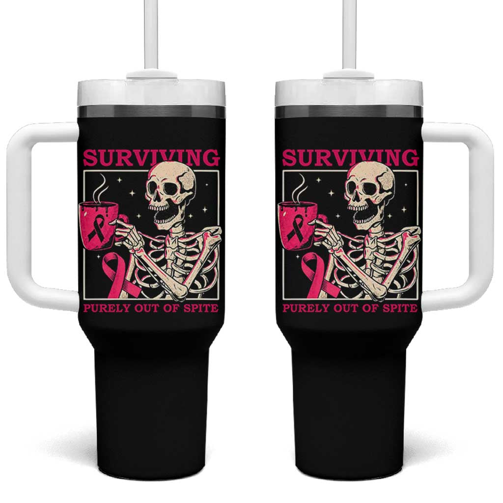 Funny Breast Cancer Skeleton Drinking Coffee Tumbler With Handle Surviving Purely Out Of Spite Pink Ribbon Warrior