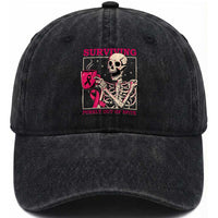 Funny Breast Cancer Skeleton Drinking Coffee Washed Cotton Baseball Cap Surviving Purely Out Of Spite Pink Ribbon Warrior