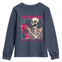 Funny Breast Cancer Skeleton Drinking Coffee Youth Sweatshirt Surviving Purely Out Of Spite Pink Ribbon Warrior