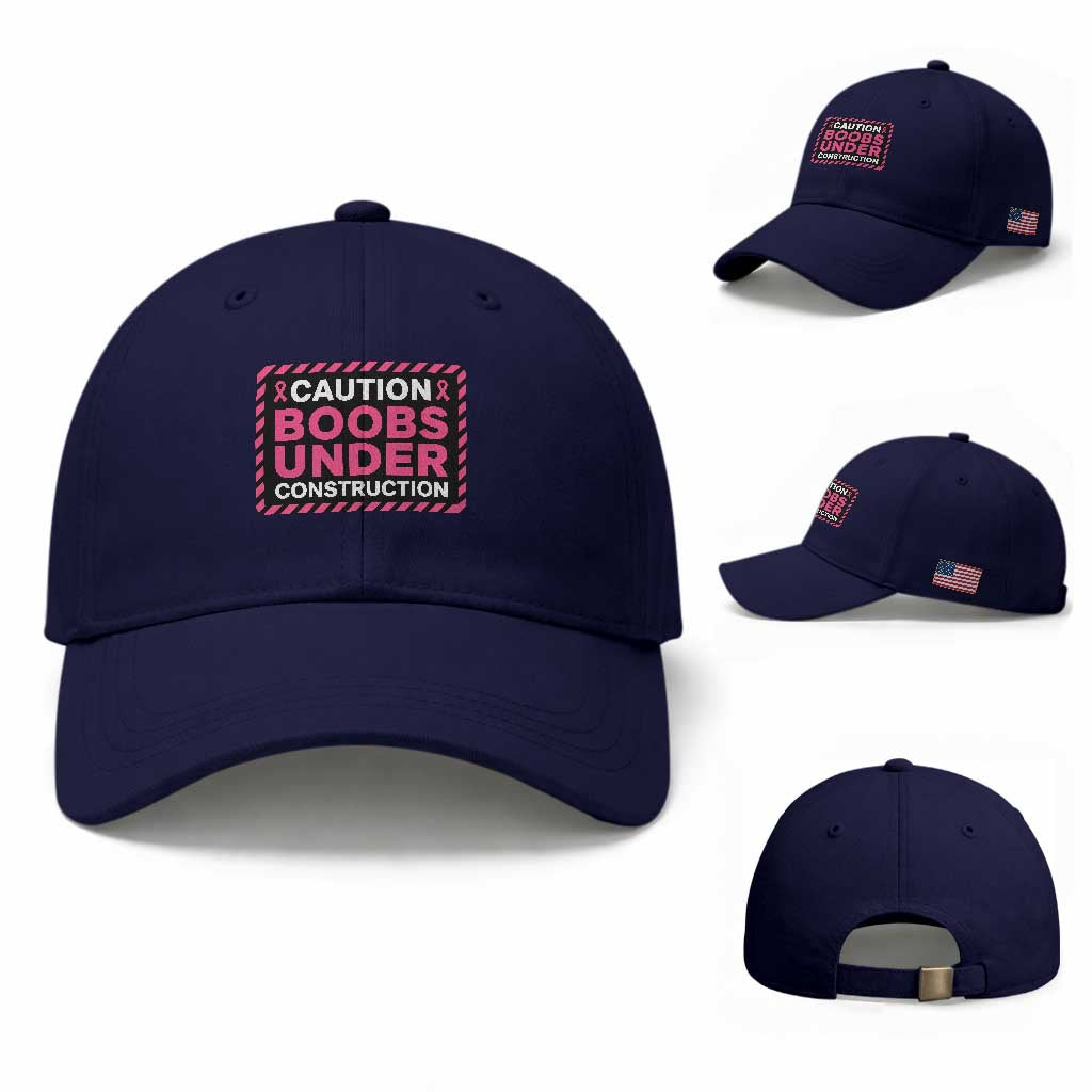 Funny Breast Cancer Surgery Mastectomy Baseball Cap Caution Boobs Under Construction Pink Ribbon Warrior