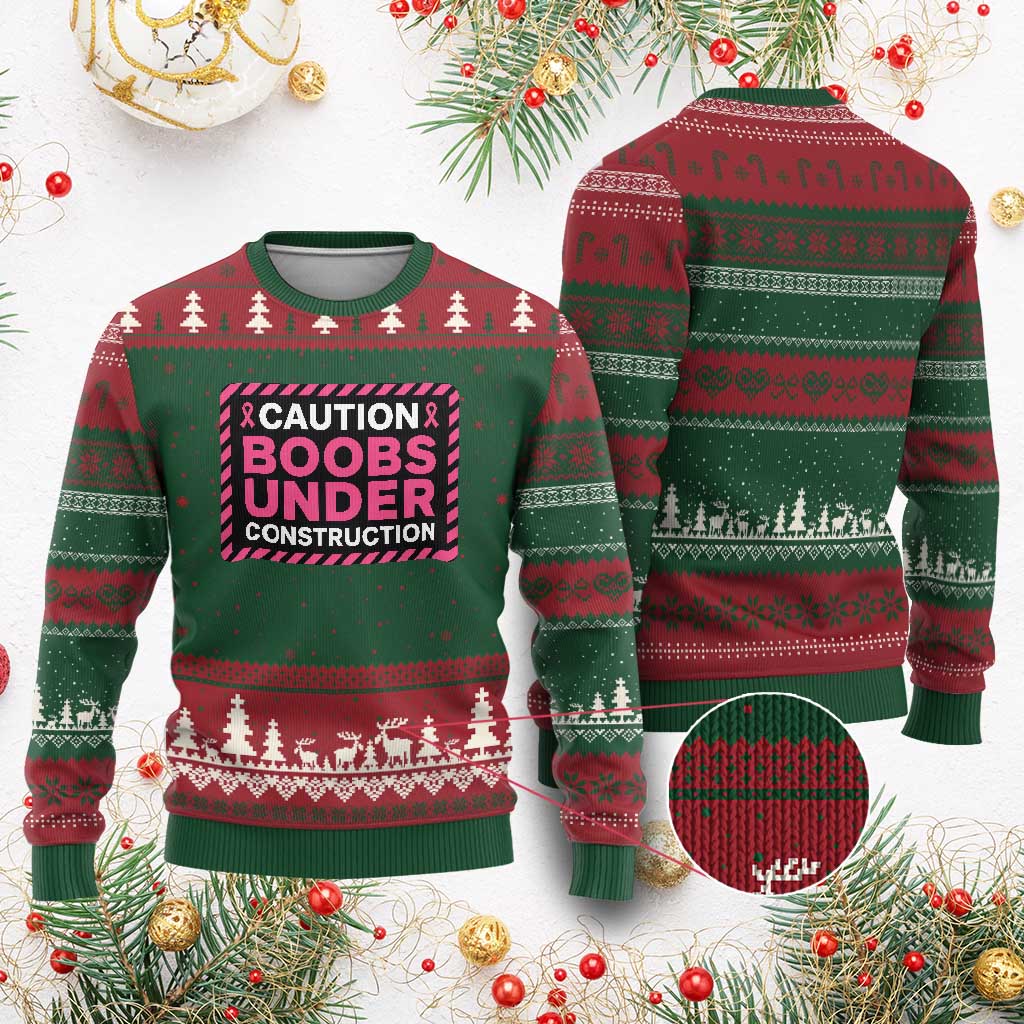 Funny Breast Cancer Surgery Mastectomy Ugly Christmas Sweater Caution Boobs Under Construction Pink Ribbon Warrior