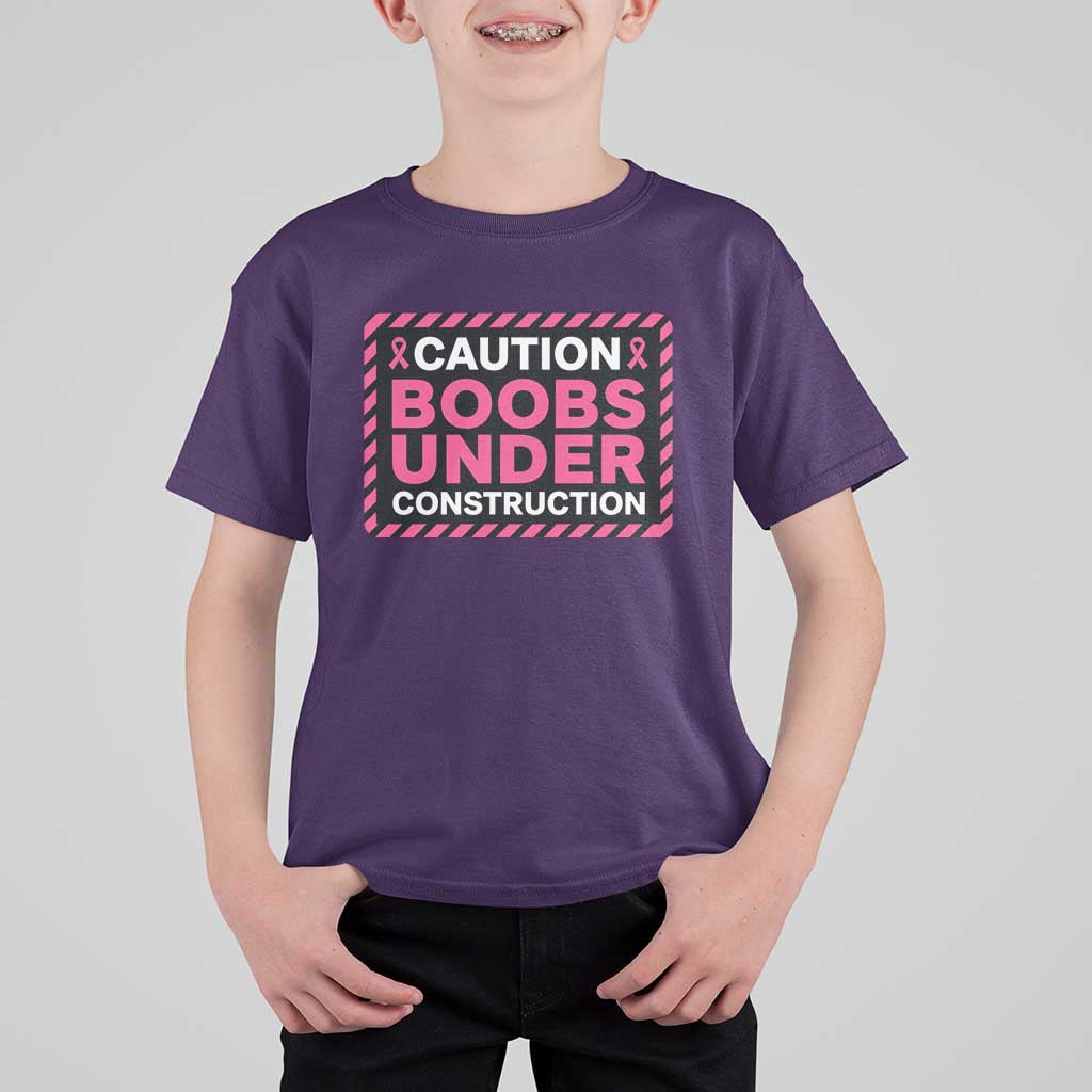 Funny Breast Cancer Surgery Mastectomy T Shirt For Kid Caution Boobs Under Construction Pink Ribbon Warrior