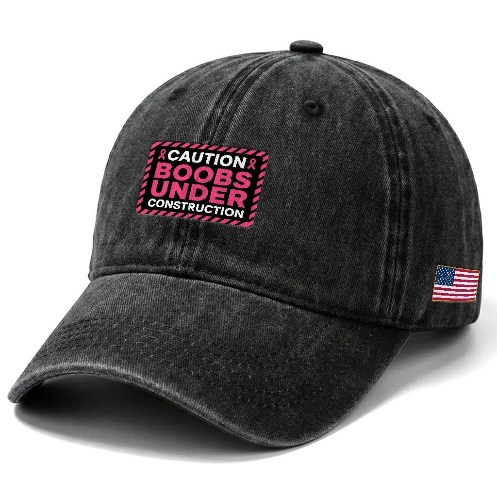 Funny Breast Cancer Surgery Mastectomy Washed Cotton Baseball Cap Caution Boobs Under Construction Pink Ribbon Warrior