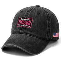 Funny Breast Cancer Surgery Mastectomy Washed Cotton Baseball Cap Caution Boobs Under Construction Pink Ribbon Warrior