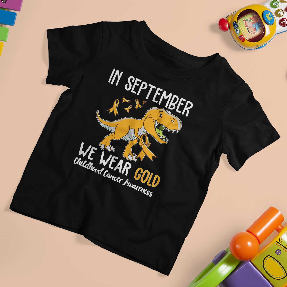 Childhood Cancer Awareness Dinosaur T Shirt For Kid In September We Wear Gold Ribbon Support Kids Warrior - Wonder Print Shop