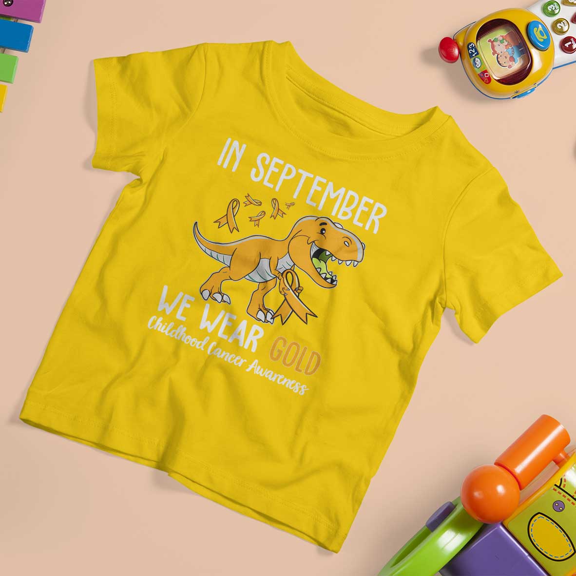 Childhood Cancer Awareness Dinosaur T Shirt For Kid In September We Wear Gold Ribbon Support Kids Warrior - Wonder Print Shop
